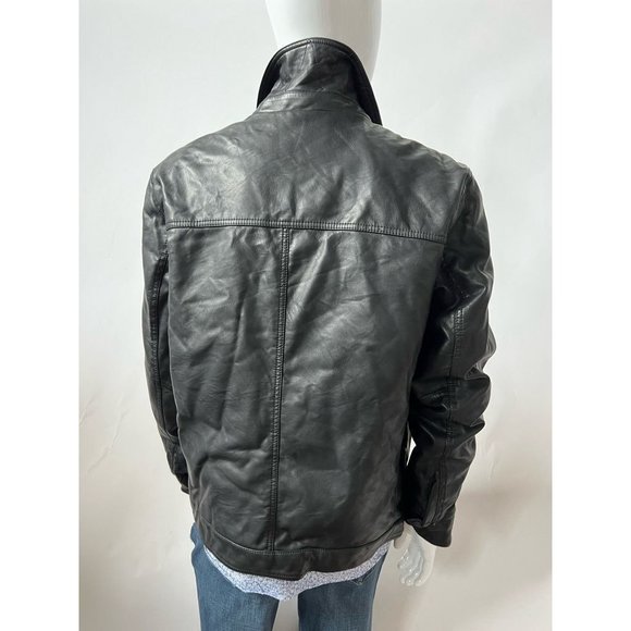 Tommy Hilfiger Mens Faux Leather Jacket Coat Black Waist Length Collared L - Picture 2 of 12